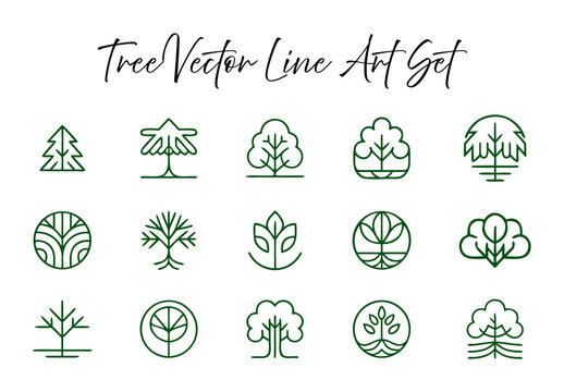 Tree Vector Illustration Line Art Set Layout