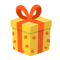 Yellow birthday gift box with red ribbon