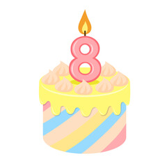 Yellow birthday cake with candle number 8