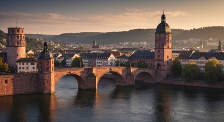 Obraz premium River cityscape featuring a historic bridge with towers at golden hour