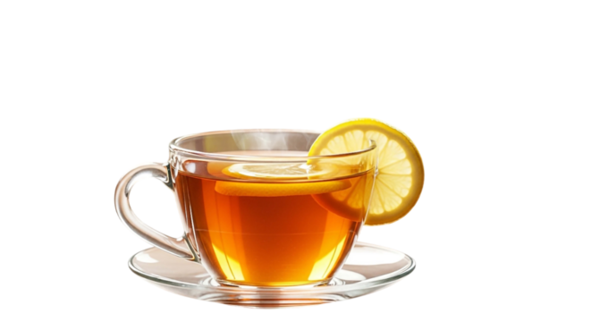 Black herbal tea in a transparent glass and a teacup with lemon on a white surface for a healthy hot breakfast drink - Powered by Adobe