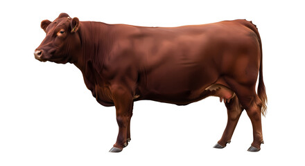 Isolated brown cow standing in field for dairy and beef farm animal stock on transparent background