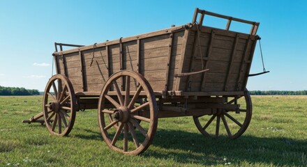 Fototapeta premium Rustic wooden wagon with big wheels in a grassy field under a blue sky