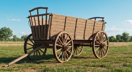 Rustic wooden wagon sits in sunny field, wheels and frame visible