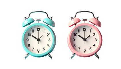 Two retro alarm clocks, one turquoise and one pink, show the time against a solid black background