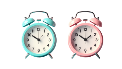 Two retro alarm clocks, one turquoise and one pink, show the time against a solid black background