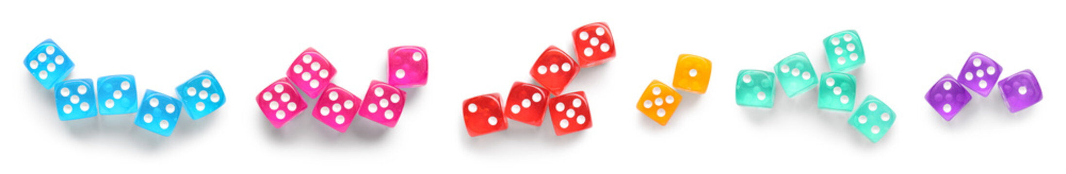 Set of many dices on white background, top view