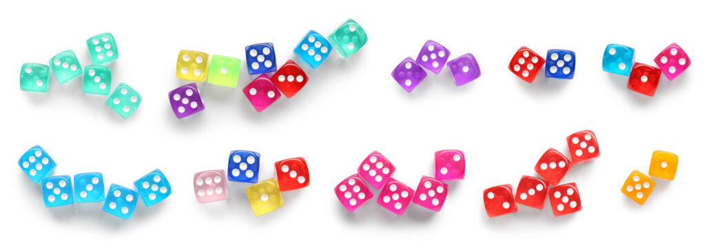 Set of many dices on white background, top view
