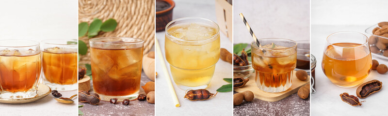 Collage of tasty tamarind drink in glasses on table