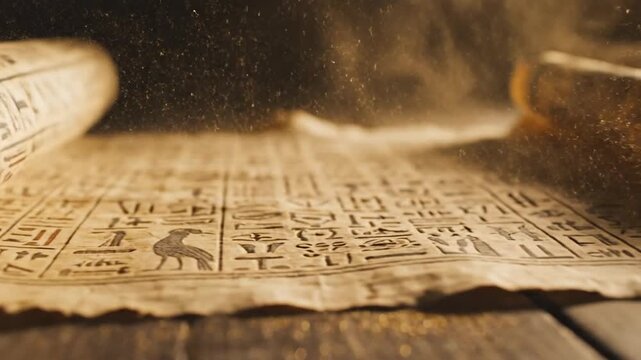Ancient Egyptian Papyrus Scroll Unveiling Hieroglyphs with Floating Dust Particles
