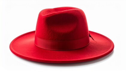 Bright Red Fedora Hat with Ribbon Band in Center Stage on White Background