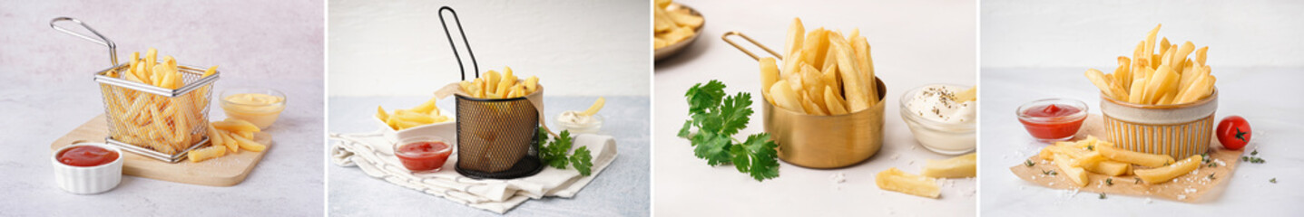 Collage of tasty french fries with sauces on light background