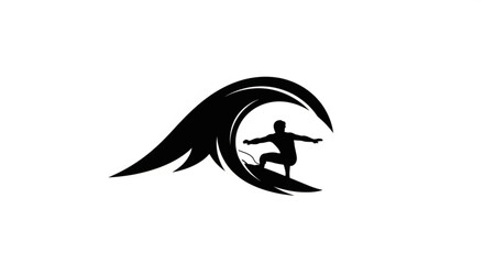 Silhouette of a surfer riding a wave with arms outstretched on a white background showing the sport