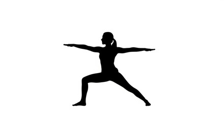 Silhouette of a woman in warrior two yoga pose with arms extended on a white background image