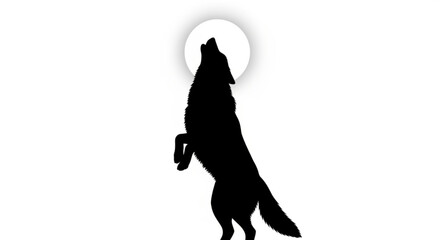 Silhouette of a wolf howling at the moon on its hind legs against a white background with a bright moon