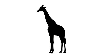 Silhouette of a giraffe standing tall with its long neck against a plain white background image view