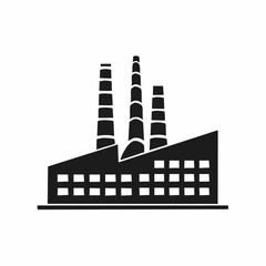 Stylized black vector silhouette of a modern factory with angular rooflines and smooth curves, clean white background, editable for minimalist branding or logo