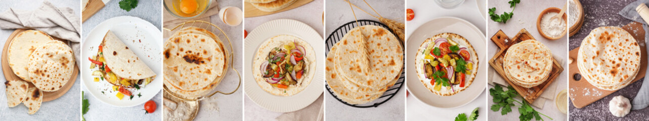 Set of traditional pita bread on light background, top view
