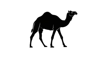 Silhouette of a camel standing with two humps on its back in a black and white illustration
