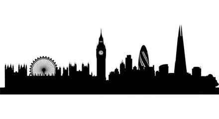 Fototapeta premium Silhouette of london skyline featuring big ben, london eye, and the shard building in monochrome style