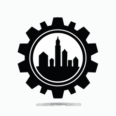 Stylized black vector silhouette of a gear combined with a factory skyline, clean minimal shapes, white background, editable for industrial logo conce