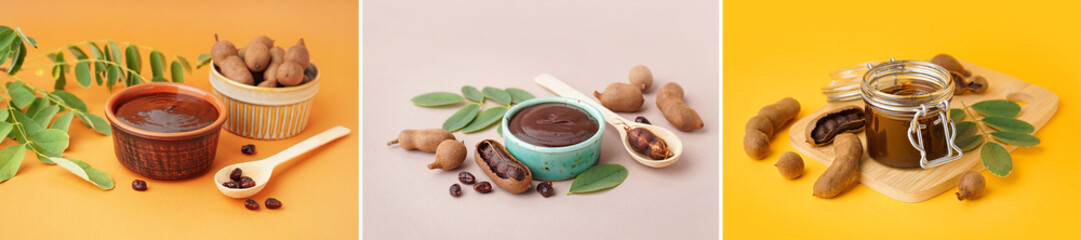 Set of tasty tamarind jam on color background