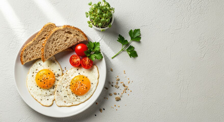 Sunny side up eggs whole grain bread cherry tomato parsley and microgreens on white plate healthy breakfast bright natural light minimal style inviting and fresh