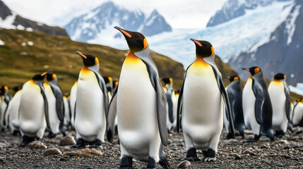 Fototapeta premium Group of King Penguins standing in front of mountain background