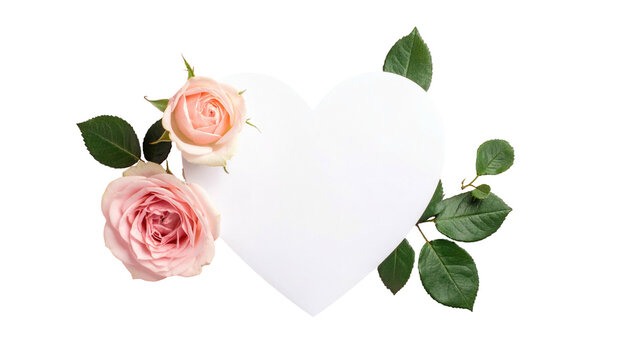 White heart with pink roses and green leaves arranged around the edges on a black background