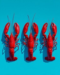 Three lobsters lined up in a Pop Art graphic style, emphasizing symmetry and bright colors.