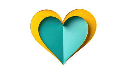 Two overlapping paper hearts, a golden one and a blue-green one, centered on black. Soft lighting