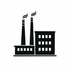 Stylized black vector silhouette of an energy plant with pipes and towers, minimal smooth shapes, white background, editable for modern industrial