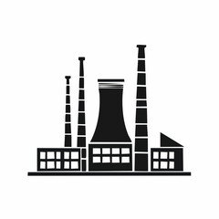 Stylized black vector silhouette of an energy plant with pipes and towers, minimal smooth shapes, white background, editable for modern industrial
