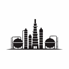 Stylized black vector silhouette of a refinery with tanks and chimneys, elegant smooth lines, clean white background, editable vector for minimalist 