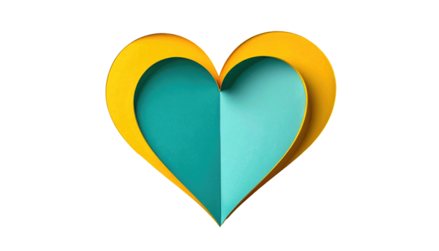 Two overlapping paper hearts, a golden one and a blue-green one, centered on black. Soft lighting
