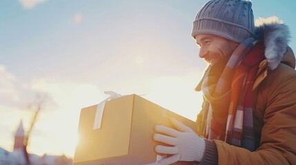 Happy man in winter clothes holding a gift box outdoors in sunny winter. Holiday season delivery concept.