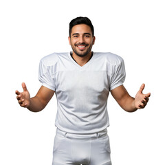 Smiling young male American football player in white uniform with open arms, ready to welcome or present, isolated on a transparent background.