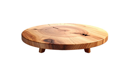 Round, polished wooden platform with natural grain and small legs, isolated on black backdrop in a studio shot