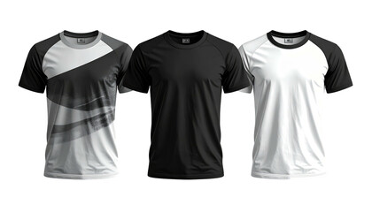 Three t-shirts, a patterned black and gray, plain black, and white with black sleeves, displayed on a dark surface