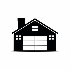 Stylized black vector silhouette of a warehouse factory building with simple roof lines and vents, clean curves, white background, editable for logo