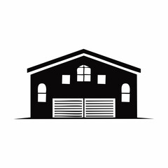 Stylized black vector silhouette of a warehouse factory building with simple roof lines and vents, clean curves, white background, editable for logo