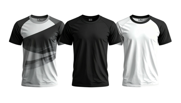 Three t-shirts, a patterned black and gray, plain black, and white with black sleeves, displayed on a dark surface