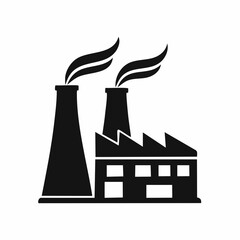 Stylized black vector silhouette of a manufacturing factory with smoke stacks and curved roof shapes, clean design, white background, editable for lo