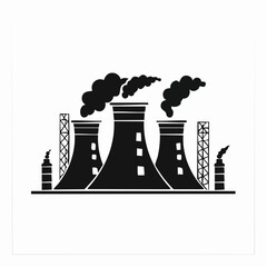 Stylized black vector silhouette of an industrial plant with cooling towers and simple geometric forms, clean white background, editable vector for logo use