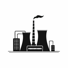 Stylized black vector silhouette of a manufacturing factory with smoke stacks and curved roof shapes, clean design, white background, editable for lo