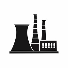 Stylized black vector silhouette of a factory building with tall chimneys and smooth clean lines, white background, editable for minimalist industrial logo design