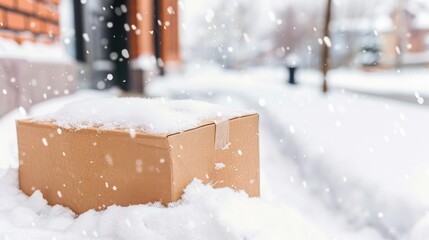 Cardboard delivery box covered in fresh snow on a winter day with falling snowflakes, representing cold weather shipping.