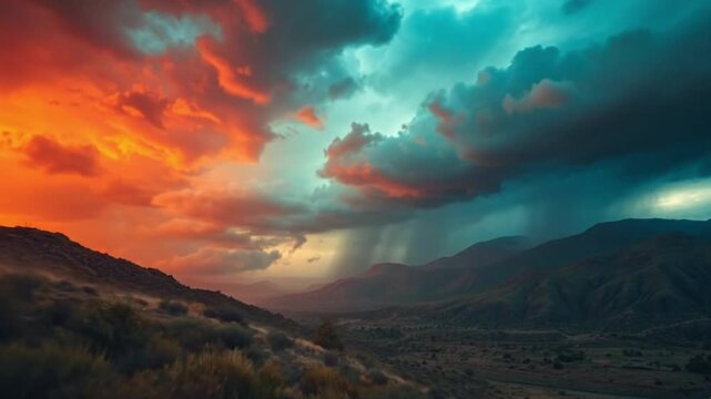 A panoramic landscape with hills and mountains under a dramatic sky featuring orange-red clouds on one side and turquoise storm clouds with a lightning strike