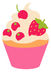 Charming flat design cupcake with strawberry & cherries. Perfect for sweet treats.
