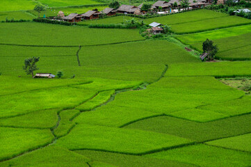 Aerial view of tourist resort in Sapan village a small village nestled in a forested northern valley of pure air and pristine rivers in Nan province of Thailand.